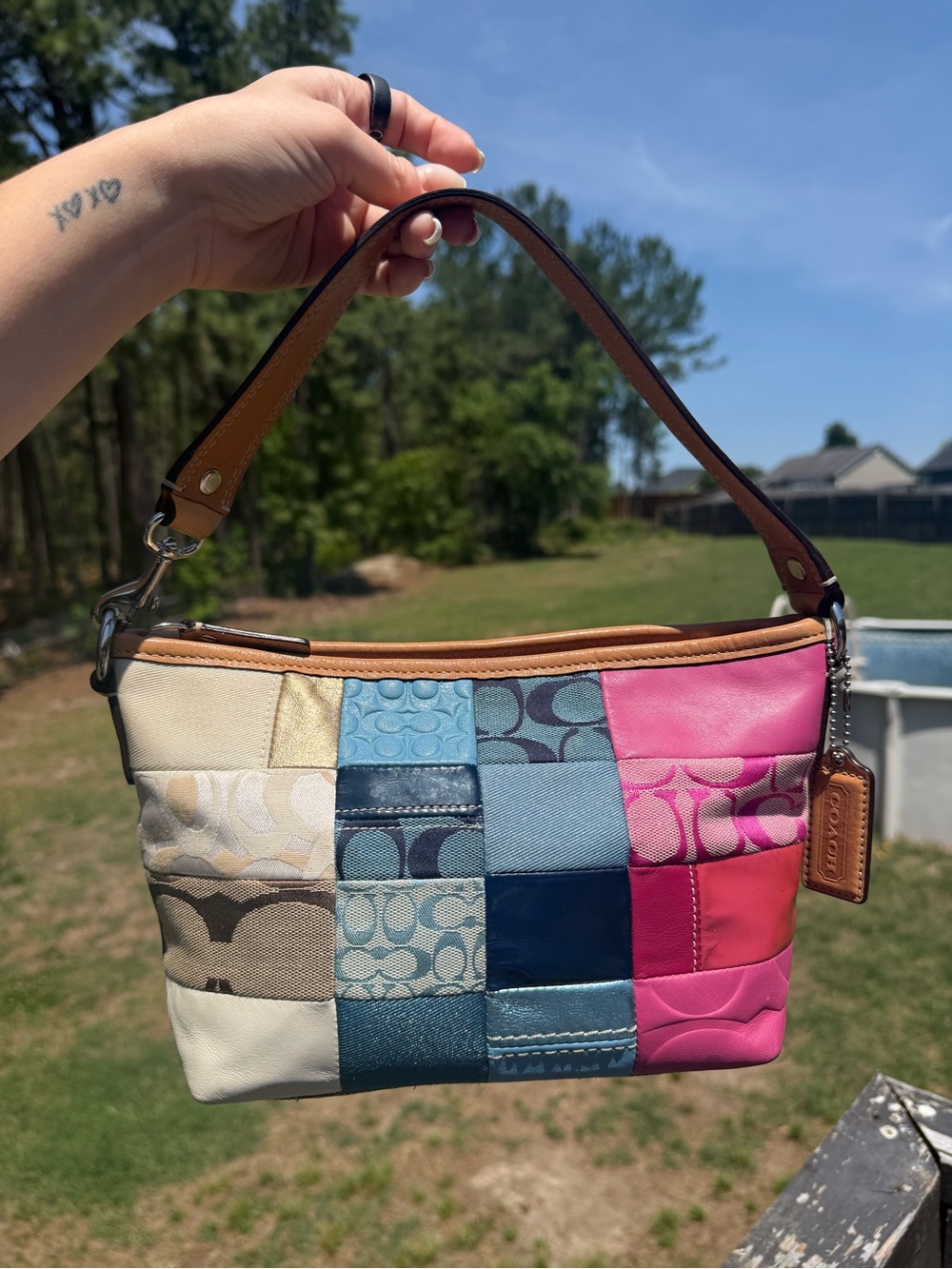 Coach Patchwork Leather Shoulder Bag in Multi Pink & Blue